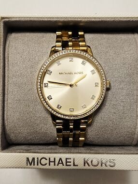 Michael Kors Gold Crystal-Accent Bracelet Watch With Tortoise Shell Links